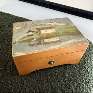 Vintage Wooden Jewelry Box with Scenic Painting